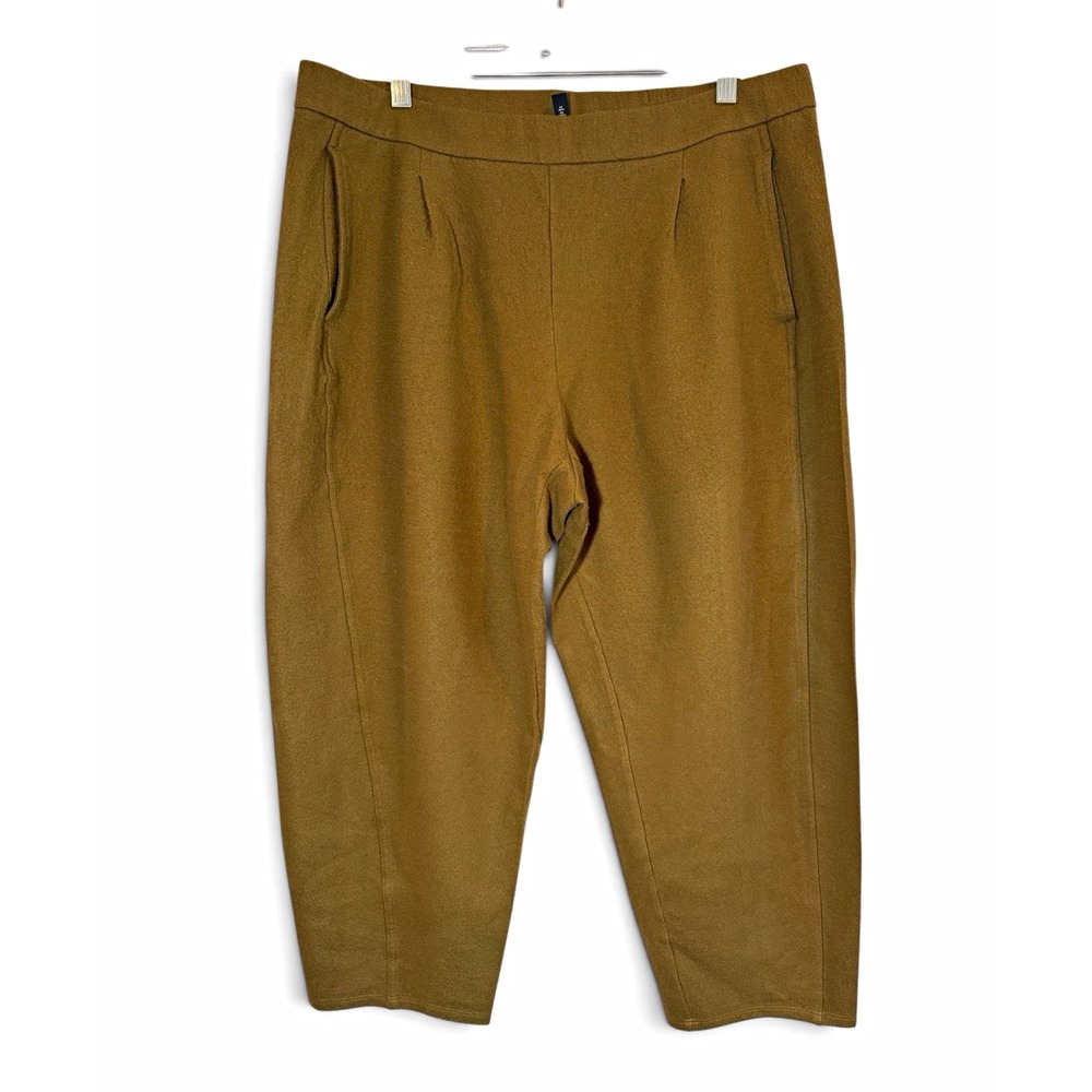 Eileen Fisher Boiled Wool Jersey Straight Pants L Brown Olive 100% Wool Cropped